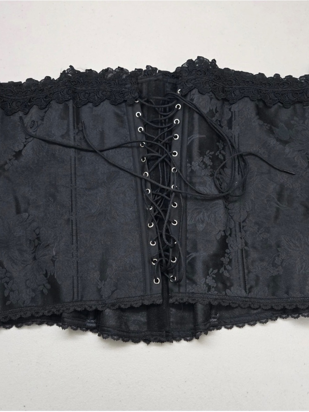 Frederick's Of Hollywood Women Corset 42 Black Floral 6109 Lace Strap Satin